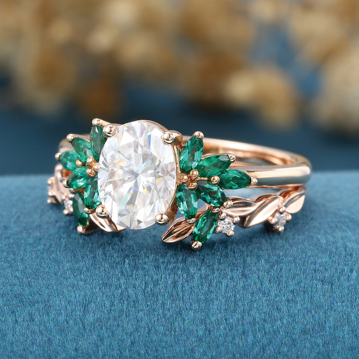 Oval cut Moissanite Rose Gold Matching Diamonds | Lab Grown Emerald Wedding bridal set