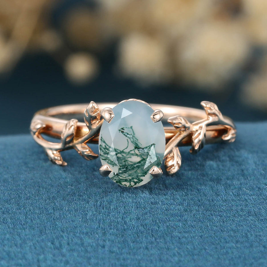 Nature Inspired Oval cut Moss Agate Leaf Gold Engagement Ring