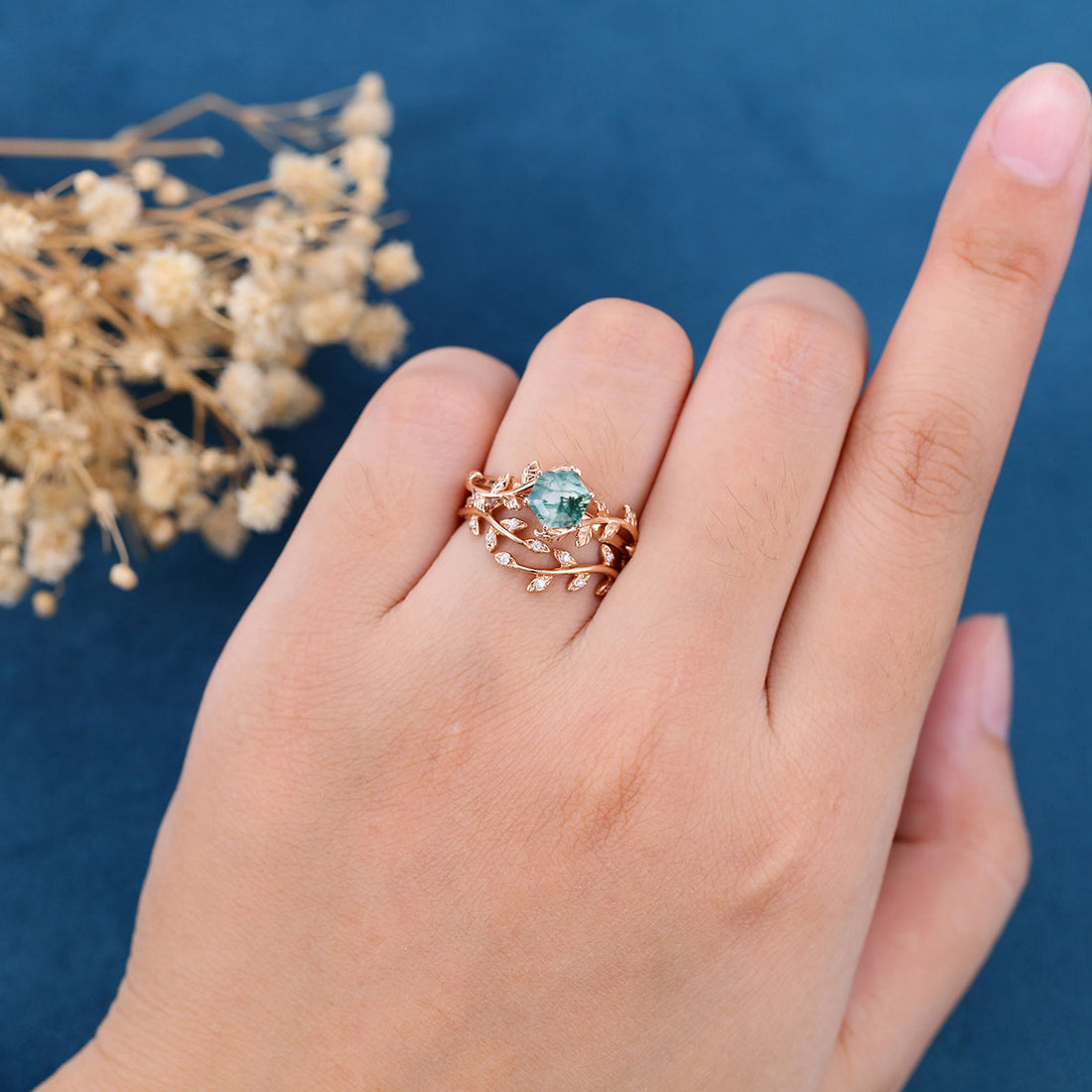 Nature Inspired Hexagon cut Moss Agate Leaf Gold ring set