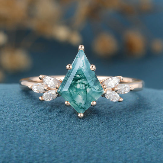 Kite Cut Natural Green Moss Agate Cluster Engagement Ring 