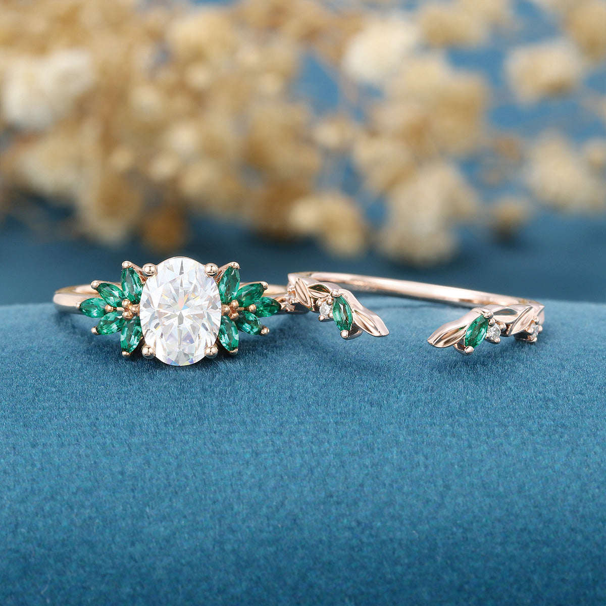 Oval cut Moissanite Rose Gold Matching Diamonds | Lab Grown Emerald Wedding bridal set