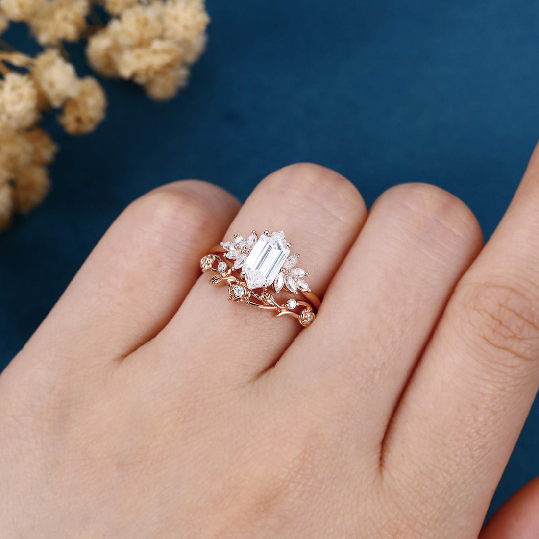 Hexagon cut Lab grown Diamond Wedding bridal set