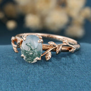 Nature Inspired Oval cut Moss Agate Leaf Gold Engagement Ring