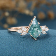 Kite Cut Natural Green Moss Agate Cluster Engagement Ring 