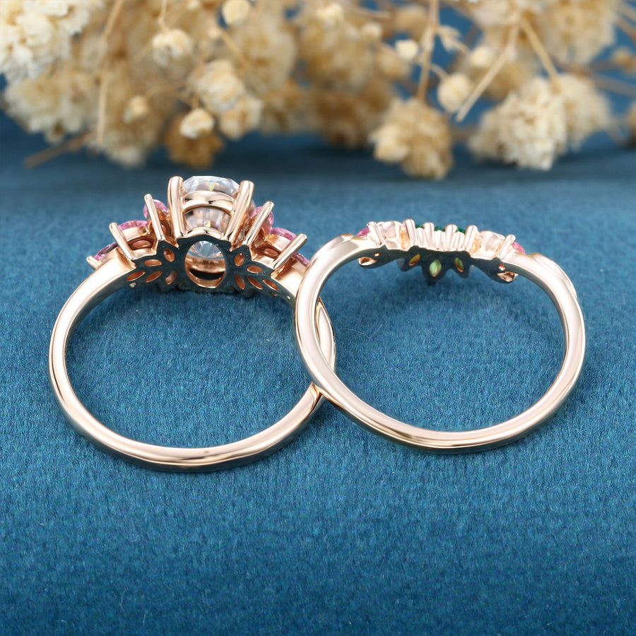 Oval cut Moissanite Matching Diamonds | Lab Grown Emerald |  Natural Pink Sapphires  Rose Gold Wedding Bridal Set