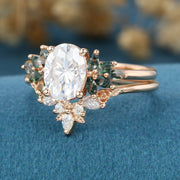 Oval Cut Moissanite+Moss Agate Rose Gold Wedding Bridal set