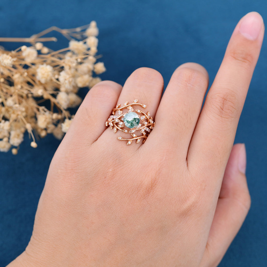 Nature Inspired Round cut Moss Agate Leaf Gold ring set