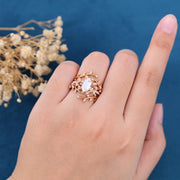 Nature Inspired Long Hexagon cut Moissanite Leaf Gold ring set