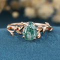 Nature Inspired Pear cut Moss Agate Leaf Gold Engagement Ring