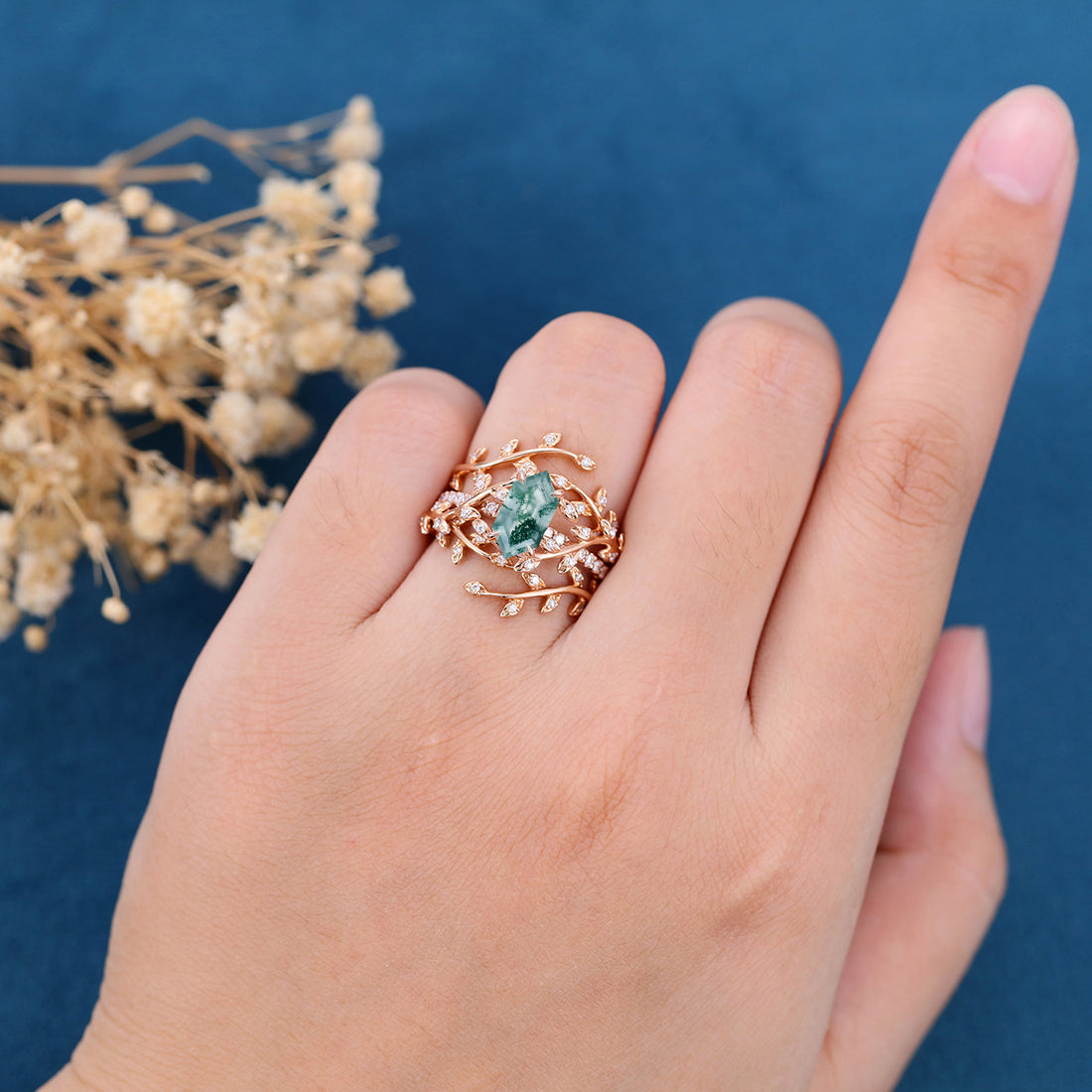 Nature Inspired Long Hexagon cut Moss Agate Leaf Gold ring set