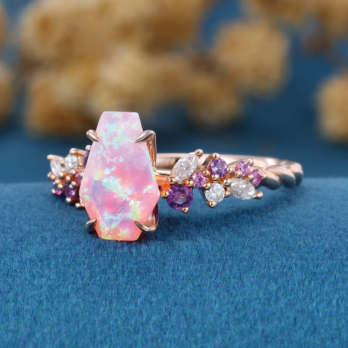 1.1Carat Coffin cut Lab Pink Opal Engagement Ring