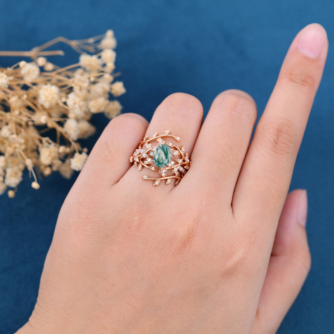 Nature Inspired Oval cut Moss Agate Leaf Gold ring set