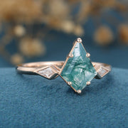 Kite Cut Natural Green Moss Agate Cluster Engagement Ring 