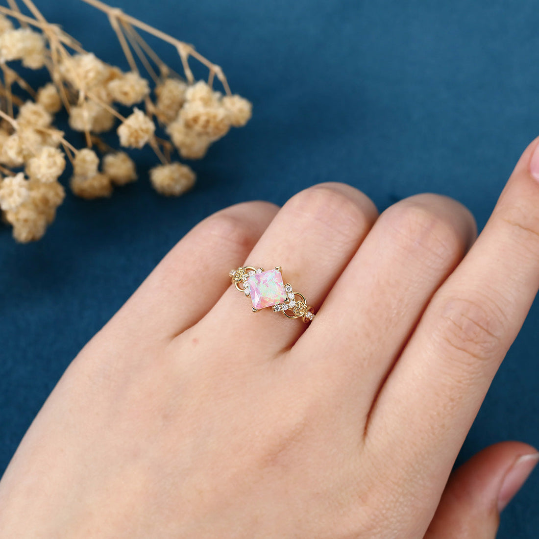 Unique Princess cut Lab Pink Opal Engagement Ring