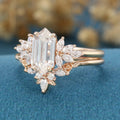 Hexagon cut Moissanite Engagement Ring Cluster diamonds Rose Gold Wedding Bridal Set