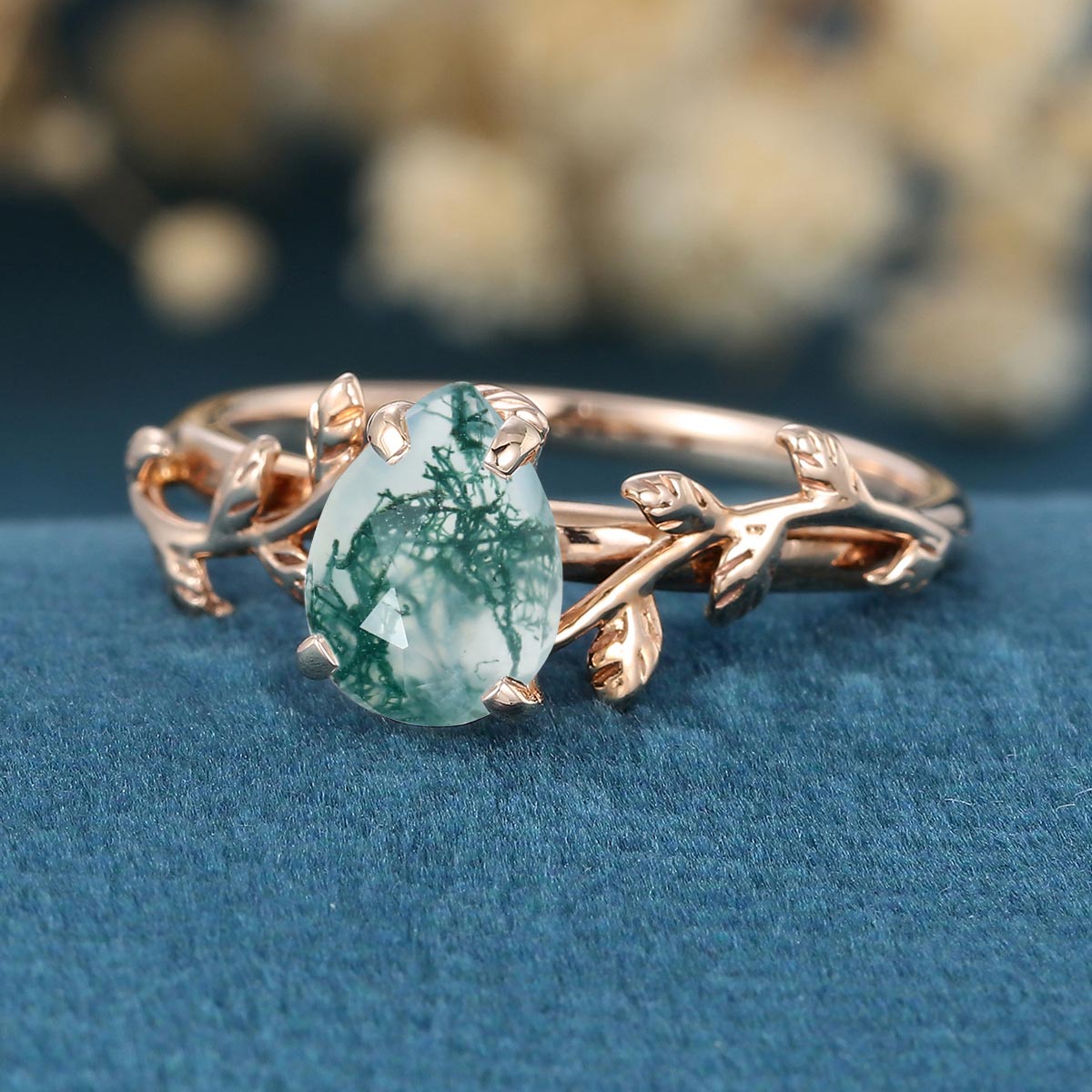 Nature Inspired Pear cut Moss Agate Leaf Gold Engagement Ring