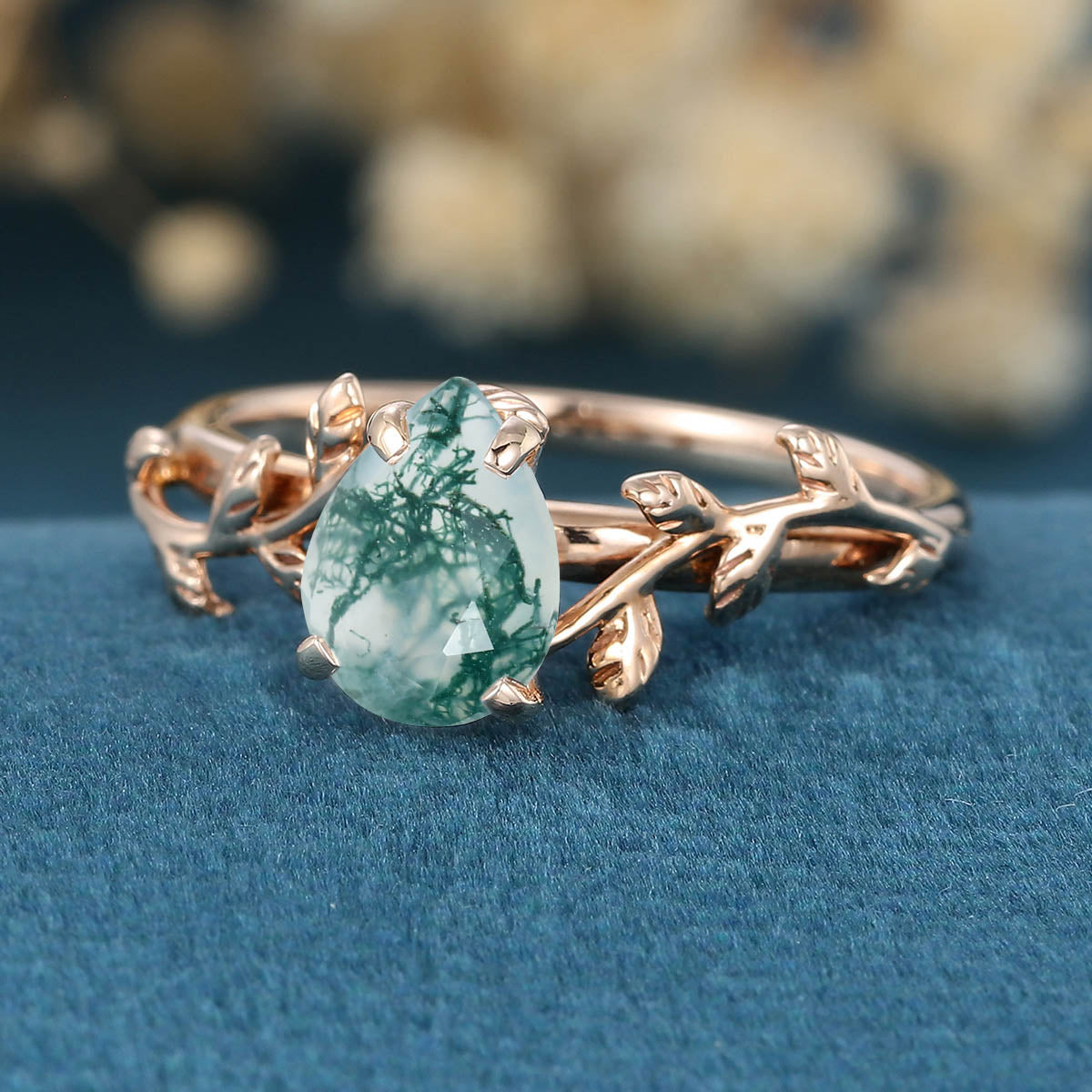 Nature Inspired Pear cut Moss Agate Leaf Gold Engagement Ring