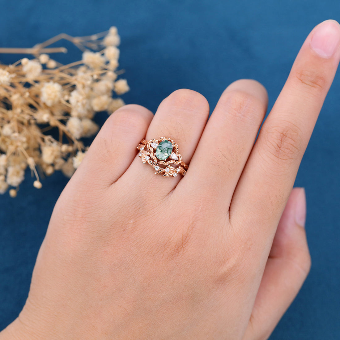 Nature Inspired Round cut Moss Agate Leaf Gold ring set