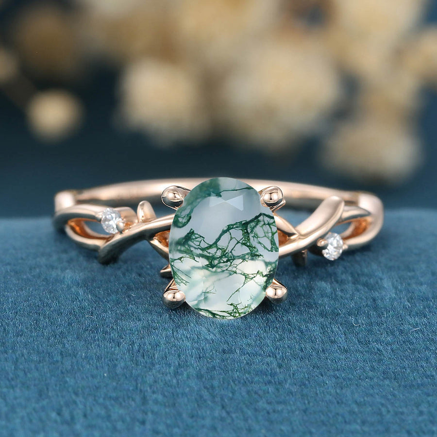 Nature Inspired Oval cut Moss Agate Leaf Gold Engagement Ring