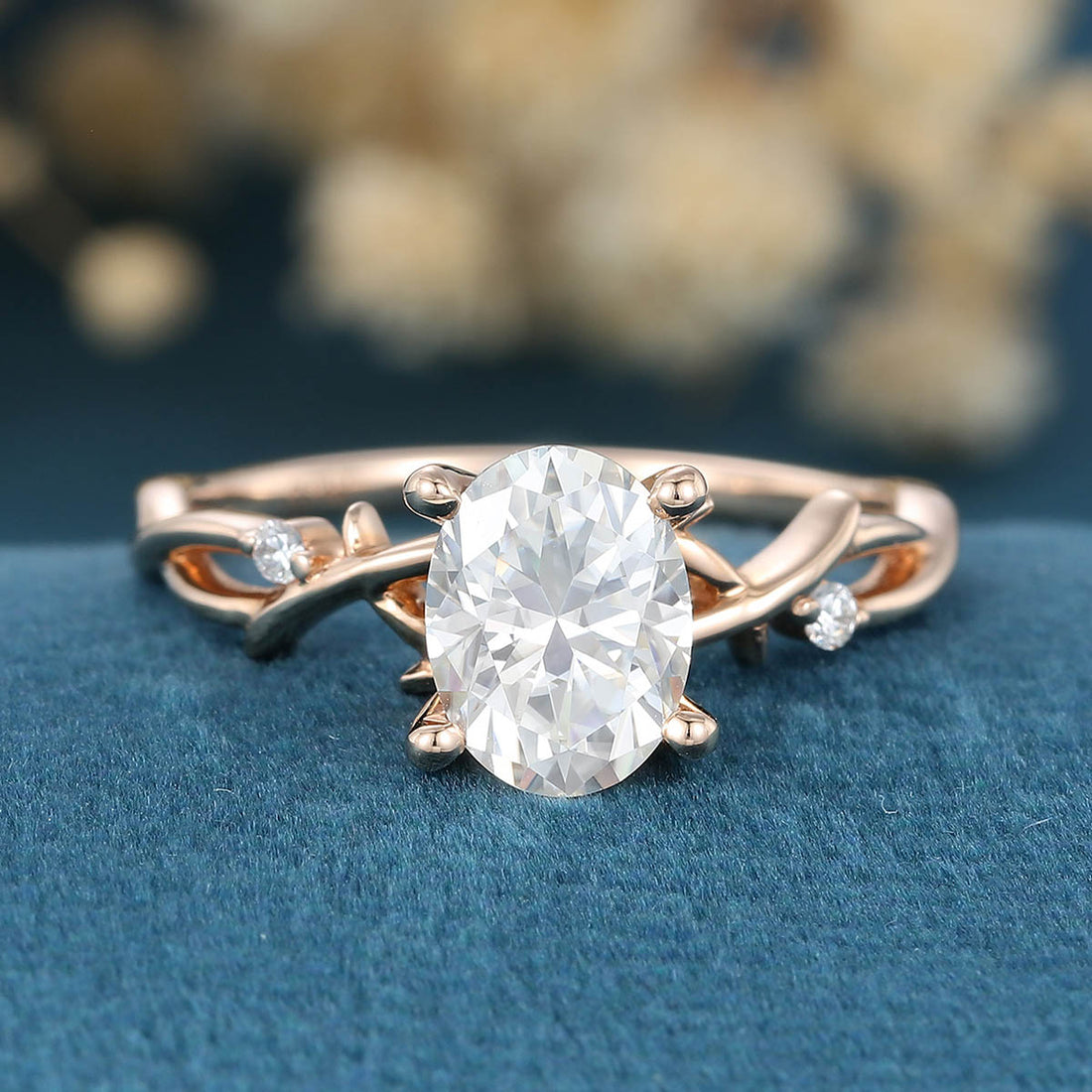 Nature Inspired Oval cut Moissanite Leaf Gold Engagement Ring