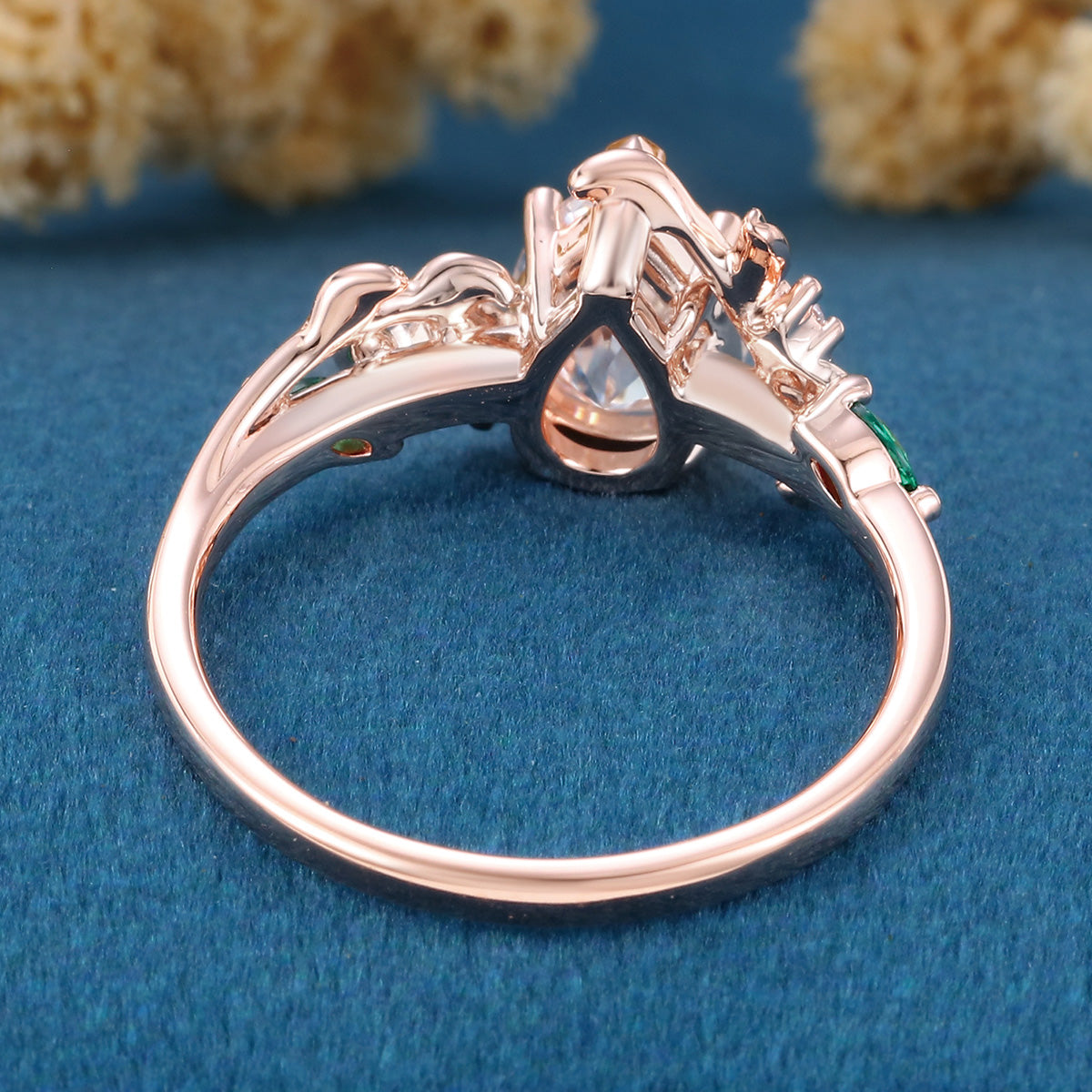 Nature Inspired Pear cut Moissanite + Lab Emerald Engagement Ring