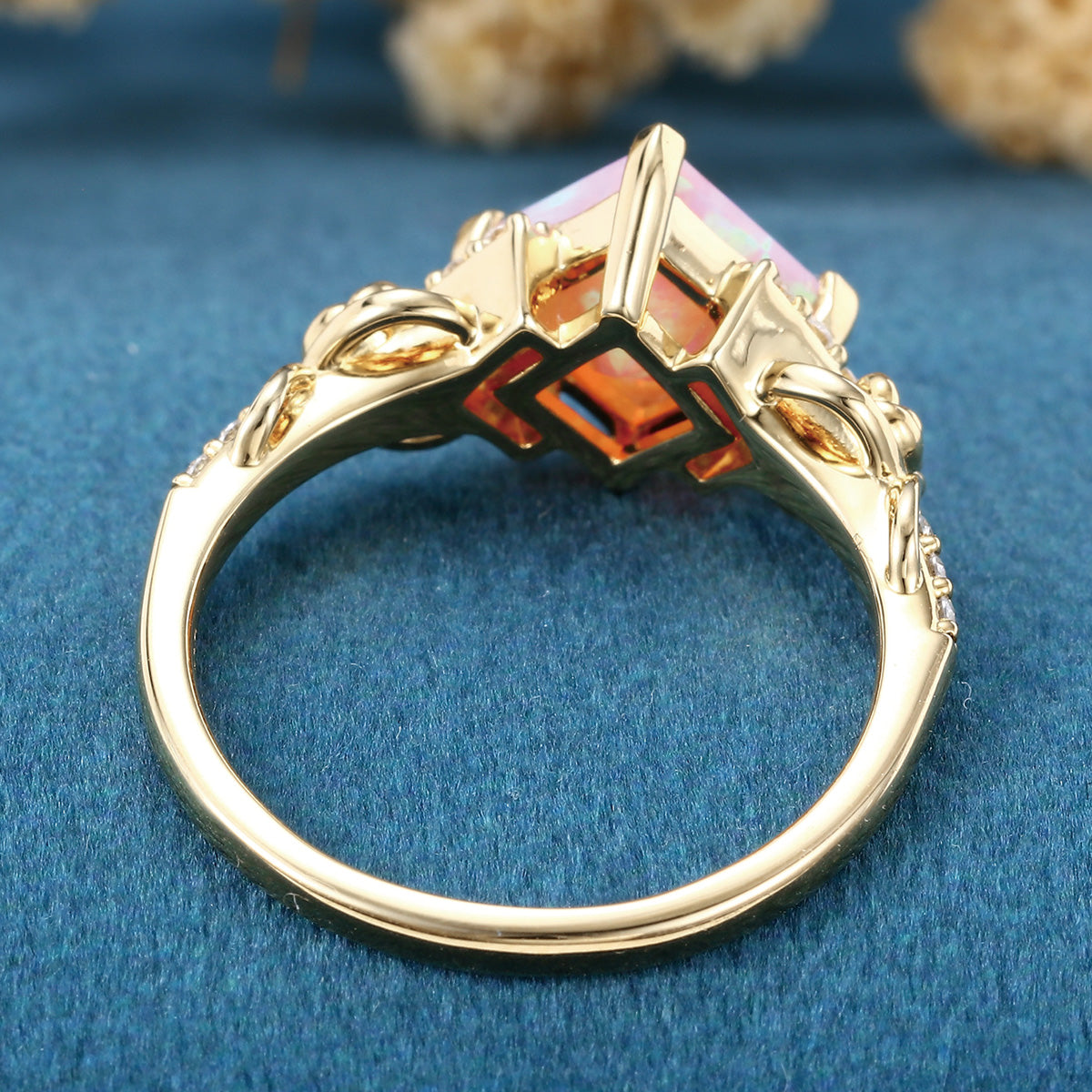 Unique Princess cut Lab Pink Opal Engagement Ring