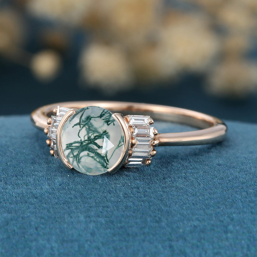 Bezel Set Rose cut Moss Agate Gold Engagement Ring