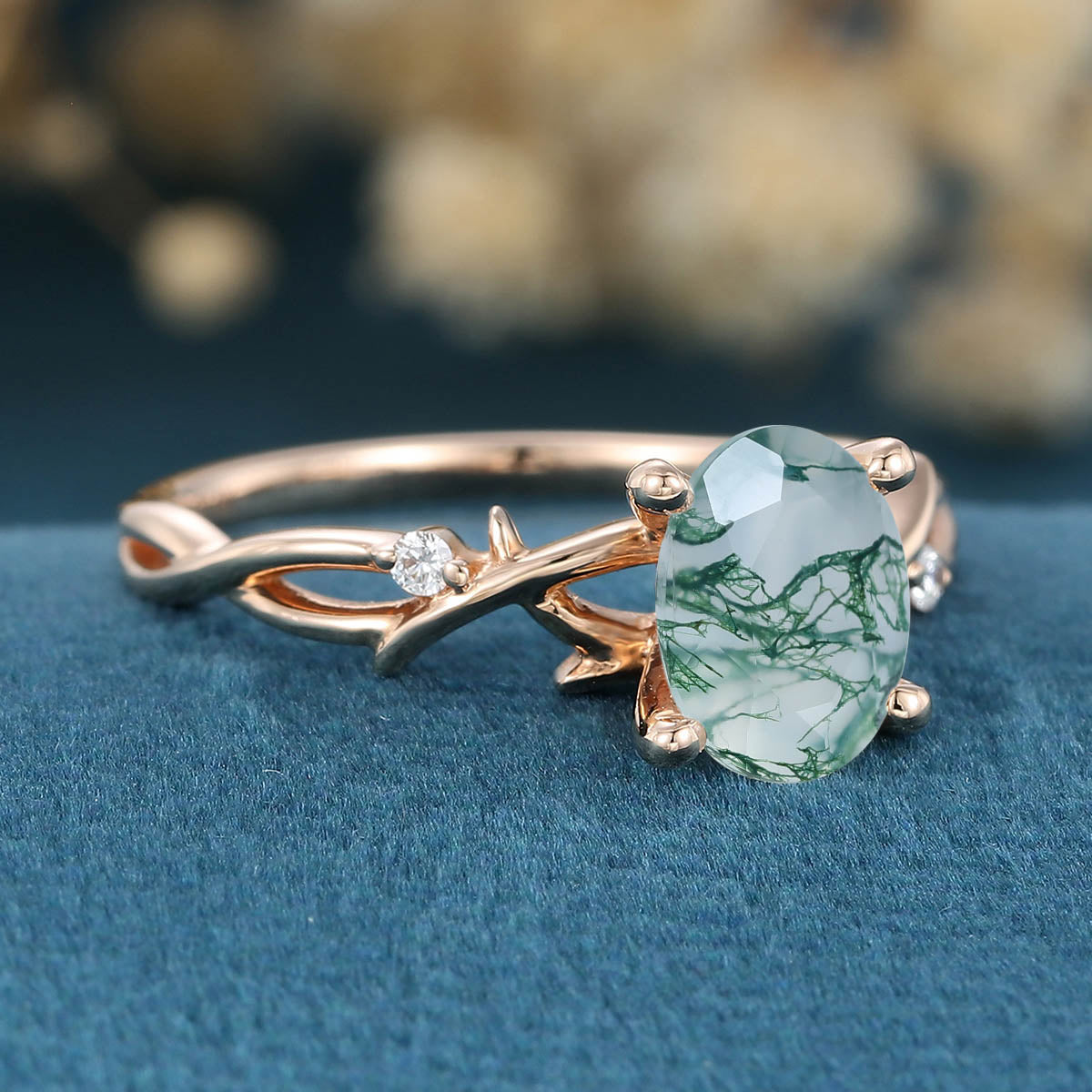 Nature Inspired Oval cut Moss Agate Leaf Gold Engagement Ring