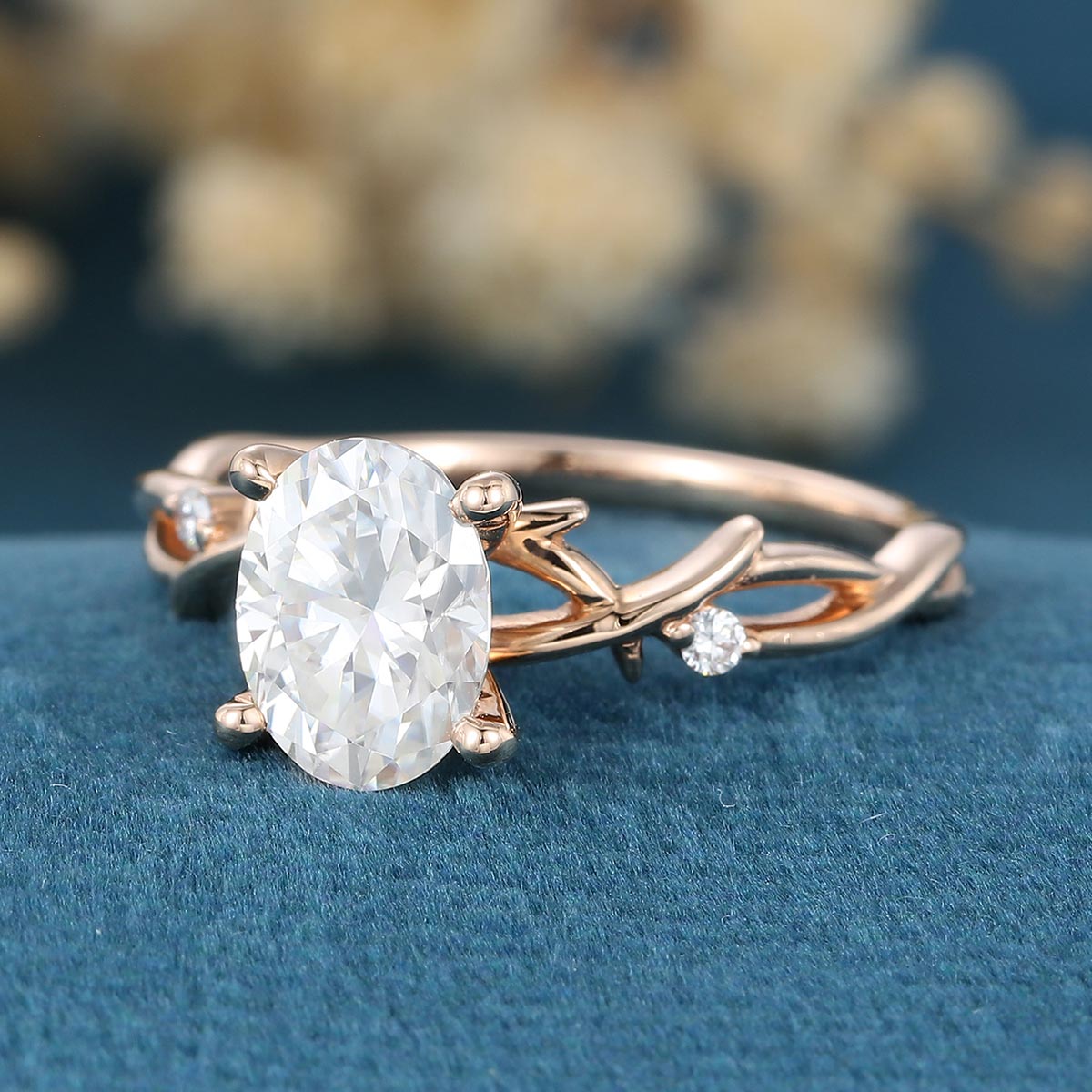 Nature Inspired Oval cut Moissanite Leaf Gold Engagement Ring