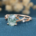 Nature Inspired Oval cut Moss Agate Leaf Gold Engagement Ring