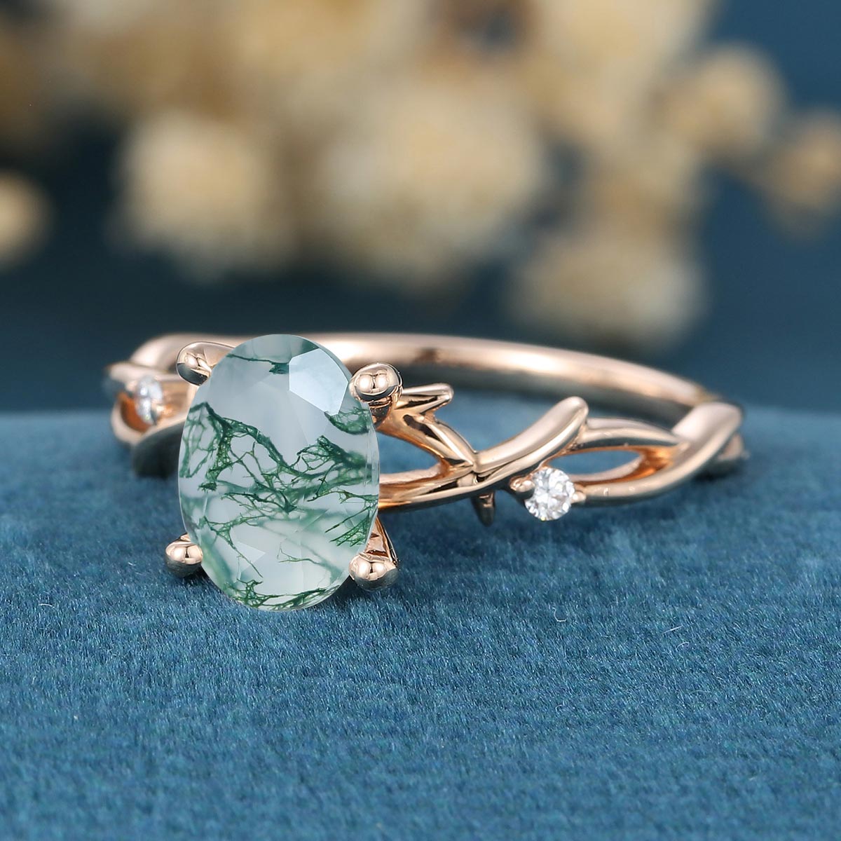 Nature Inspired Oval cut Moss Agate Leaf Gold Engagement Ring