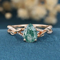 Nature Inspired Pear cut Moss Agate Leaf Gold Engagement Ring