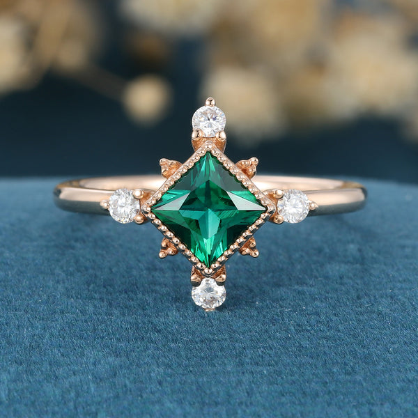 Bezel Set Princess Cut Lab Emerald Halo Moissanite Diamond Gold Engagement Ring
