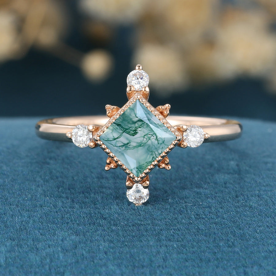 Bezel Set Princess Cut Moss Agate Halo Moissanite | Diamond Gold Engagement Ring