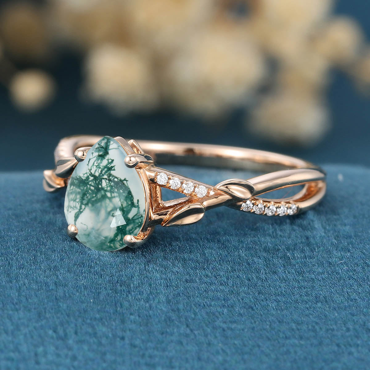 Nature Inspired Pear cut Moss Agate Leaf Gold Engagement Ring