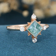 Bezel Set Princess Cut Moss Agate Halo Moissanite | Diamond Gold Engagement Ring