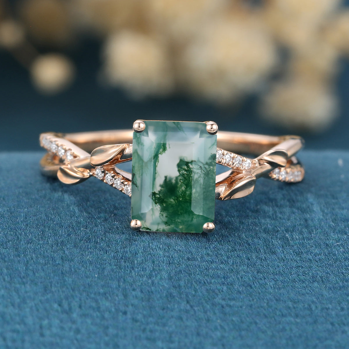 Nature Inspired Emerald cut Moissanite Leaf Gold Engagement Ring