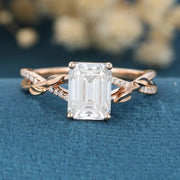 Nature Inspired Emerald cut Moissanite Leaf Gold Engagement Ring