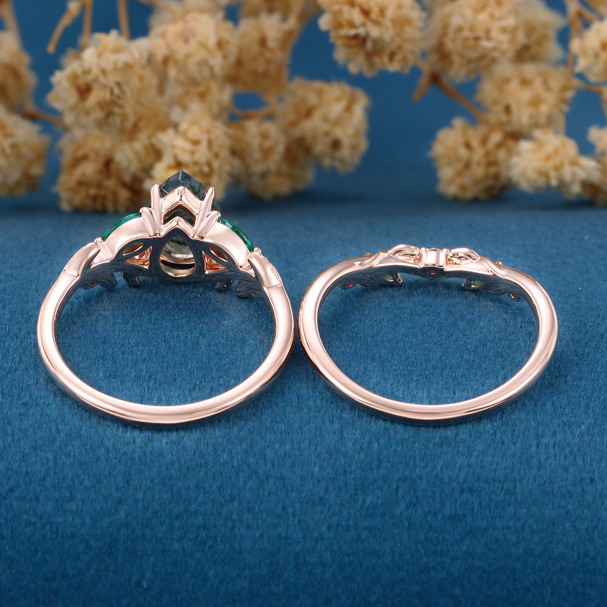 Pear cut Moss Agate Engagement ring + Lab Emerald Curved Wedding bridal set