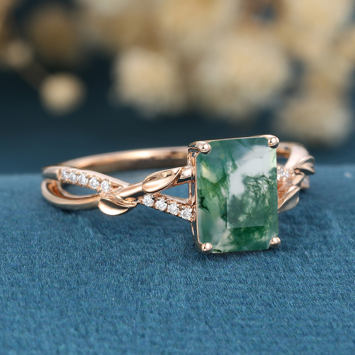 Nature Inspired Emerald cut Moissanite Leaf Gold Engagement Ring