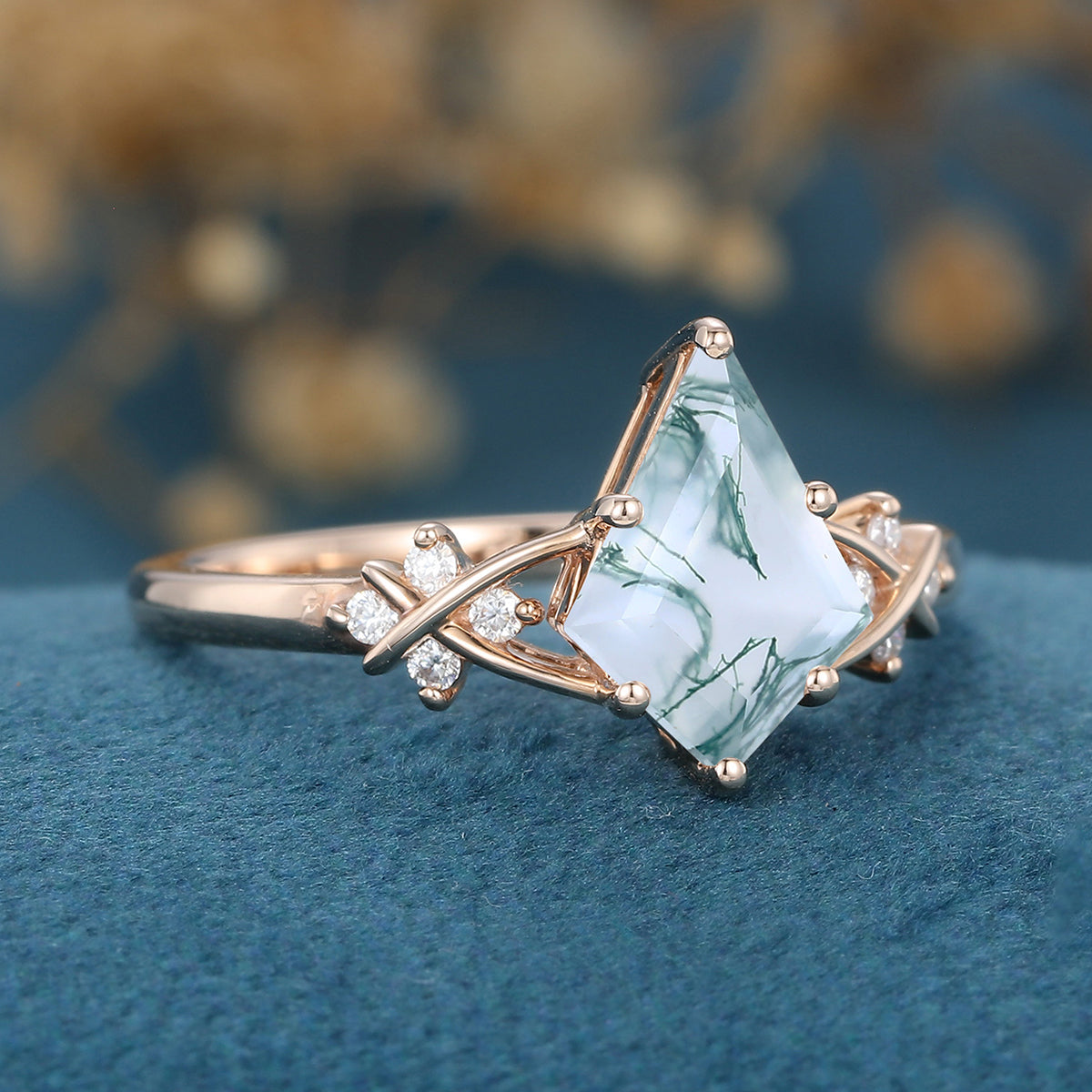 Kite Cut Natural Green Moss Agate Cluster Engagement Ring 