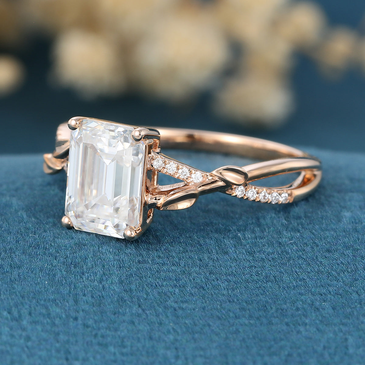 Nature Inspired Emerald cut Moissanite Leaf Gold Engagement Ring