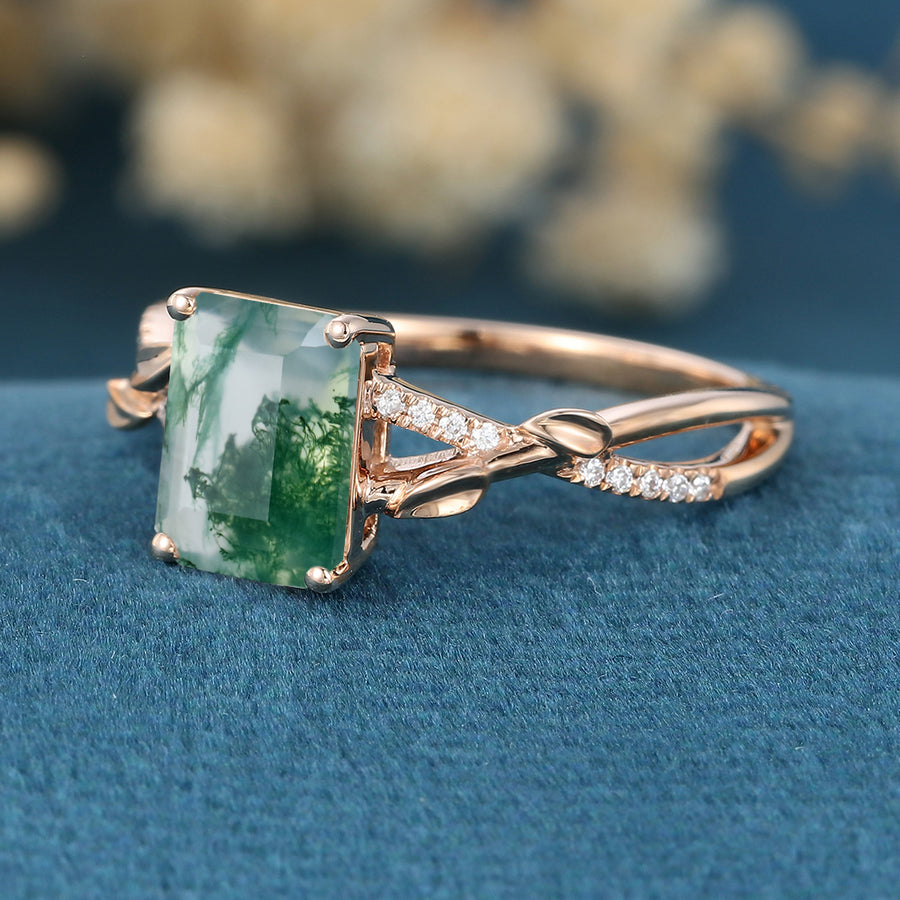 Nature Inspired Emerald cut Moissanite Leaf Gold Engagement Ring