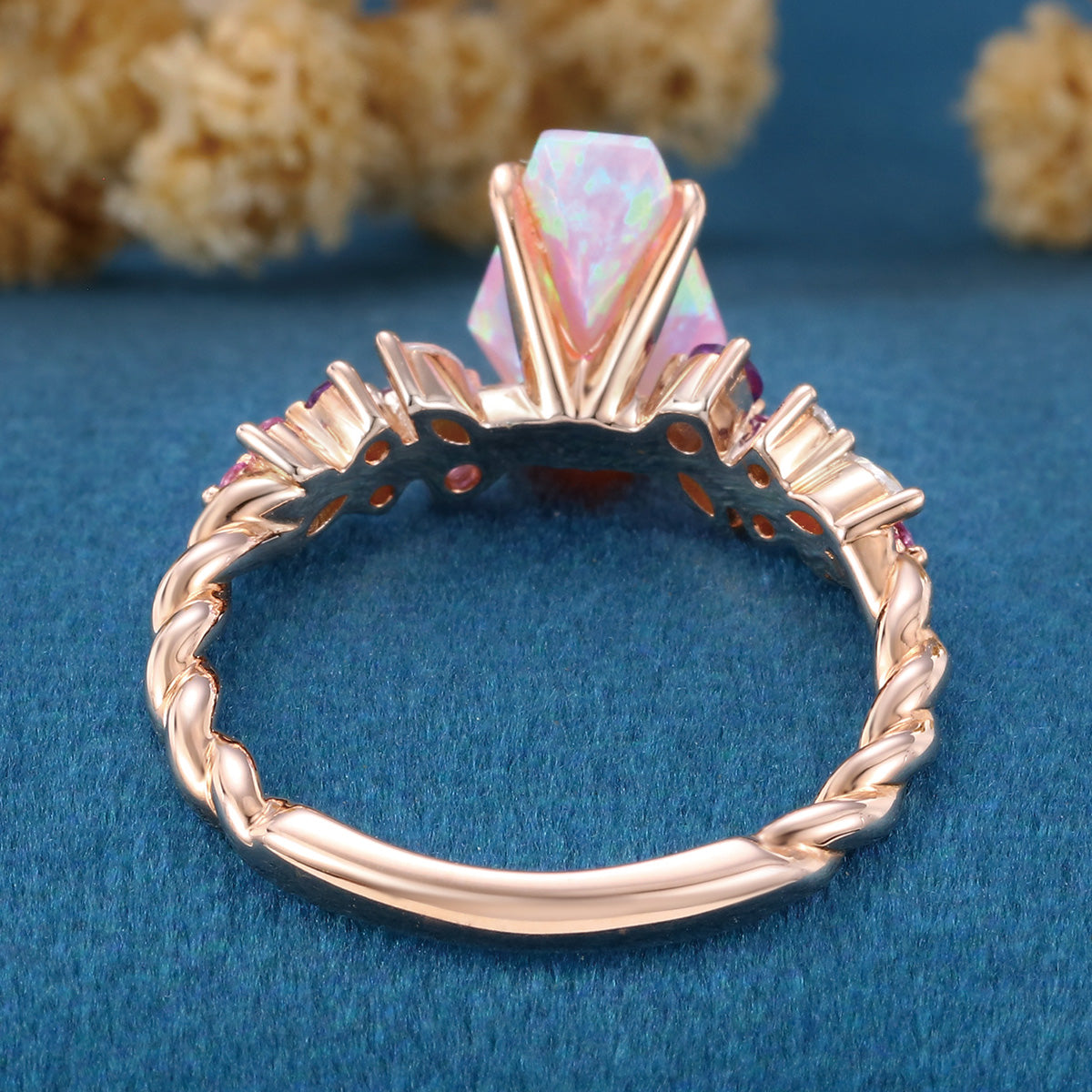 1.1Carat Coffin cut Lab Pink Opal Engagement Ring