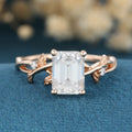 Nature Inspired Emerald cut Moissanite Leaf Gold ring set