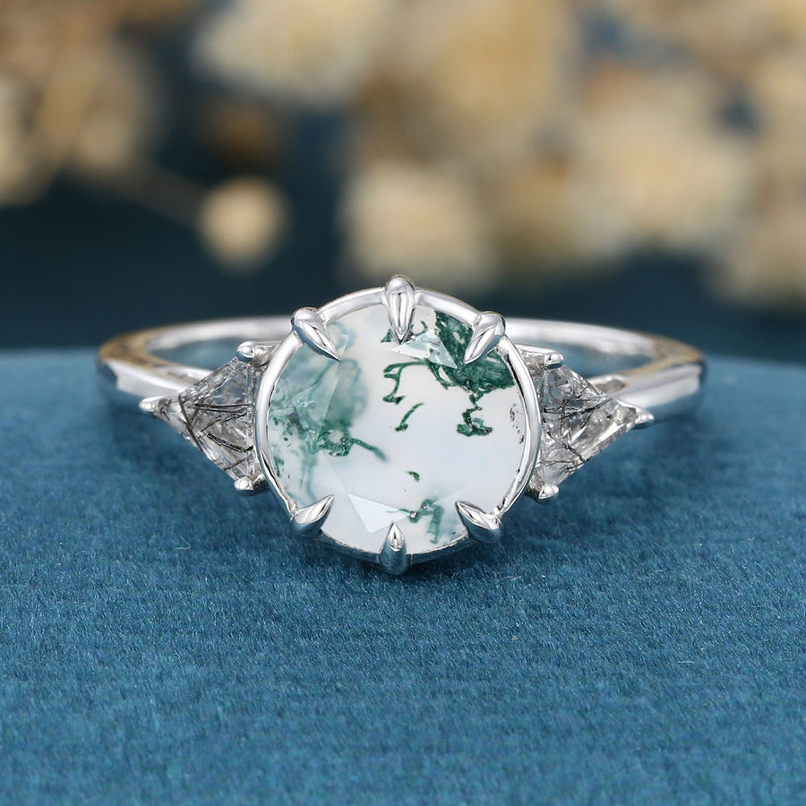 Solitaire Bezel Set Round cut Moss Agate Gold Engagement Ring