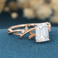 Nature Inspired Emerald cut Moissanite Leaf Gold ring set