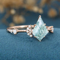 Kite Cut Natural Green Moss Agate Cluster Engagement Ring 