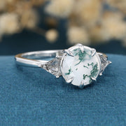 Solitaire Bezel Set Round cut Moss Agate Gold Engagement Ring