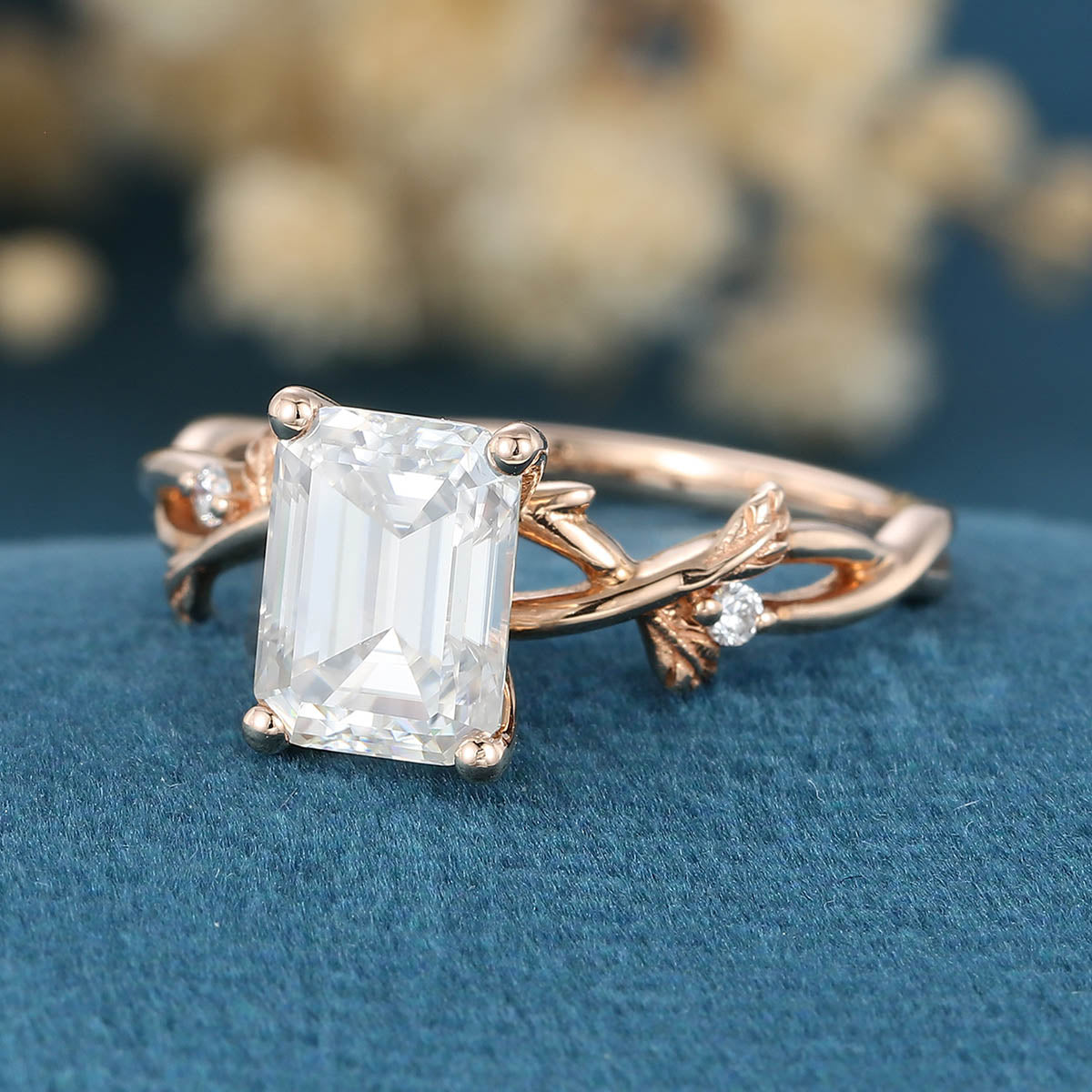 Nature Inspired Emerald cut Moissanite Leaf Gold ring set